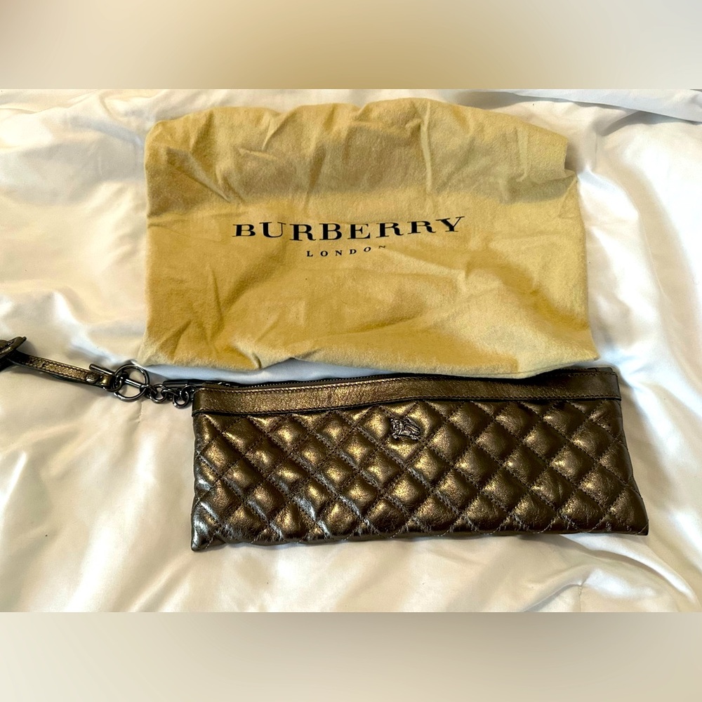 Burberry clutch with wrist strap- pewter quilted leather